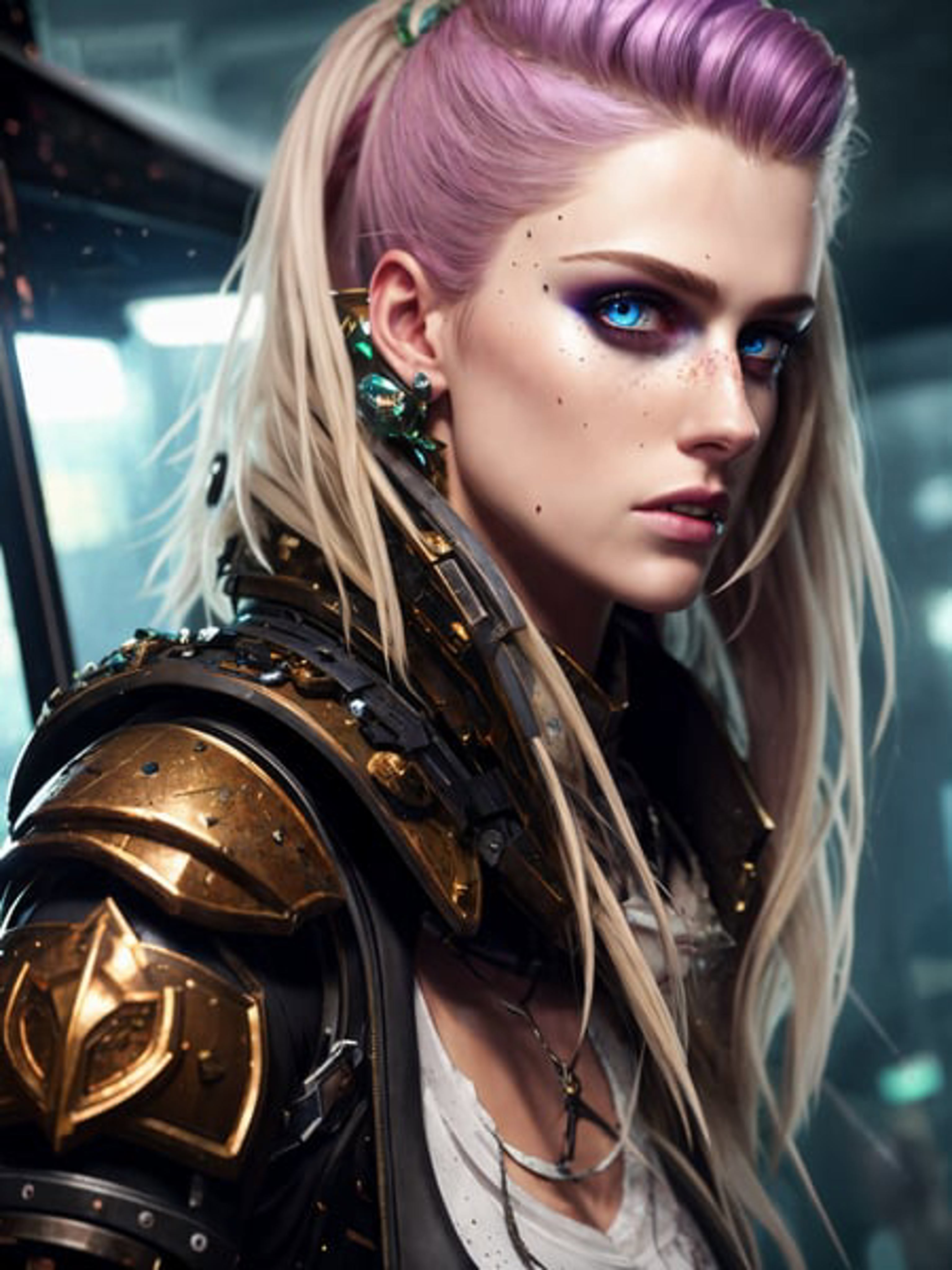 dark and gloomy full body 8k unity render, female teen cyborg, Opal hair, wearing broken battle armor, at cluttered and me...